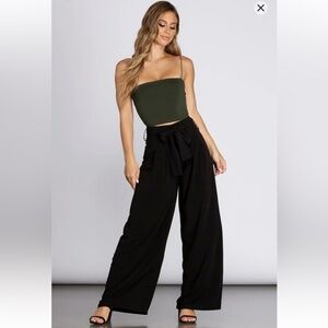 Windsor Women's Black Wide-Leg Pants Back Zipper Front Bow Tie Elegant Formal